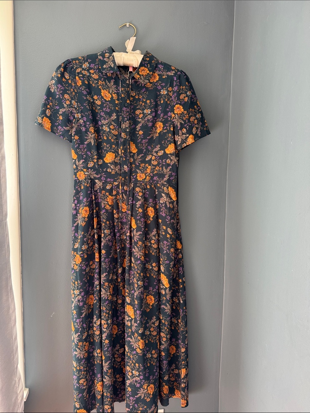 re:named Navy Floral Midi Dress with Orange and Purple Blooms